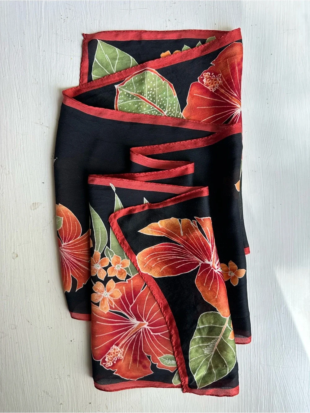 Jones New York Tropical Hibiscus Silk Oblong Scarf Black Red Floral Wrap Resort